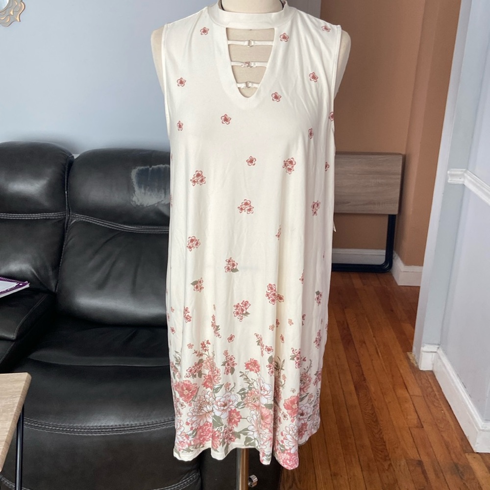 White and pink mock neck floral dress